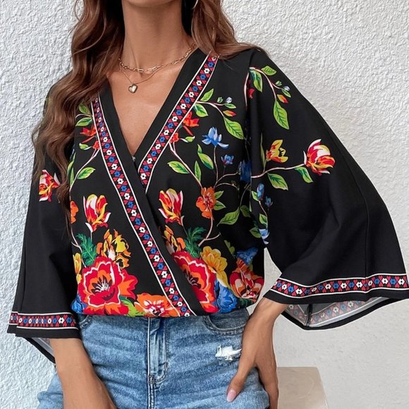 Black Boho Womens Floral Print Batwing Sleeve Wrap Blouse - Picture 5 of 5